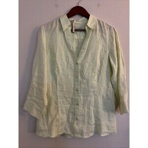 Talbots 100% Linen 3/4 Sleeve Light Green Button Up Collared V Neck Shirt SZ M